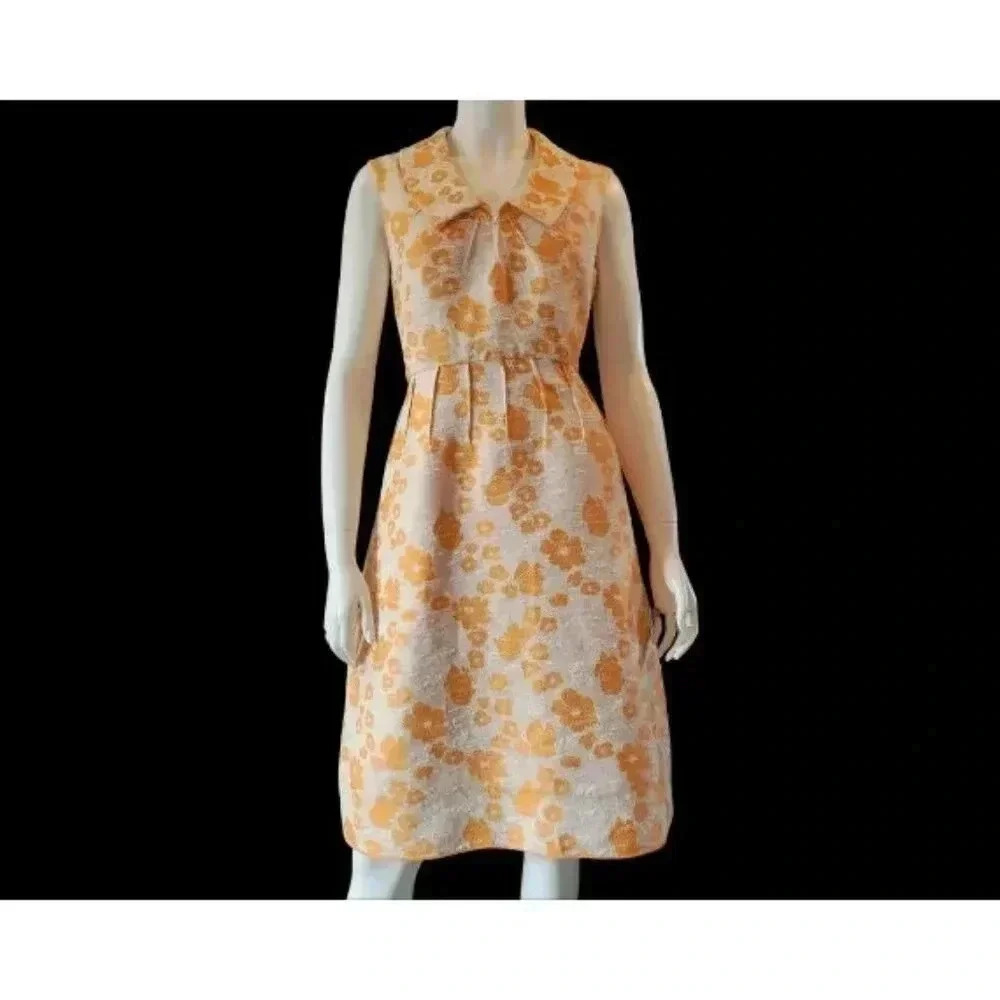 Vintage 60s Floral Cotton Brocade Dress M/L